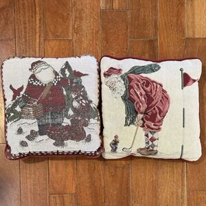 2pc Christmas Tapestry Throw Pillows Golfing Santa Golf Elf Forest Animals 12x12